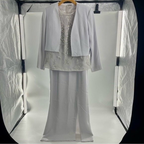 Bob Mackie Light Grey 3- piece Mother of Bride/ Groom dress with Jacket Size 10 - Picture 2 of 15